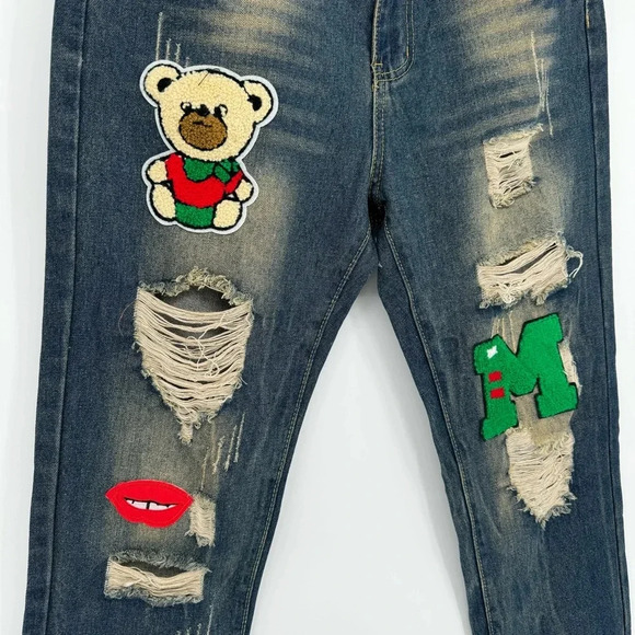 Cool Patchwork Streetwear Mens Jeans Size 32 - Picture 3 of 11